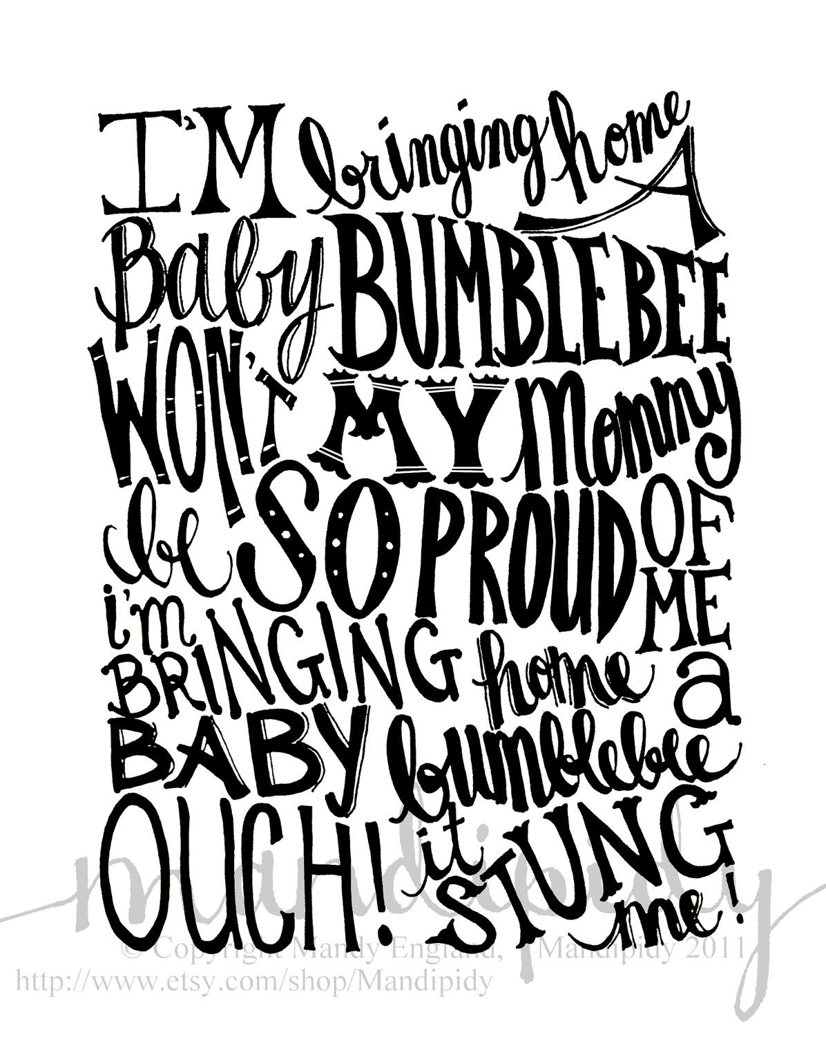 Baby Bumblebee - Black Vintage Text - 8x10 Illustrated Print by Mandipidy