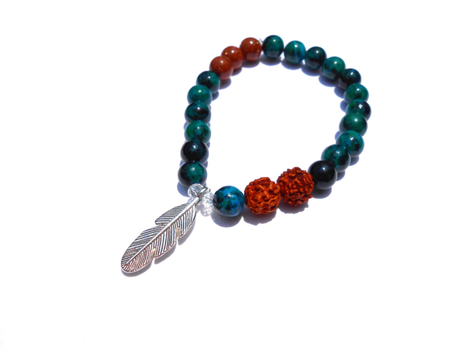 Feather Bracelet - Meditation Bracelet - Goldstone, Chrysocolla Gemstone - Genuine Healing Jewelry, Yoga Bracelet