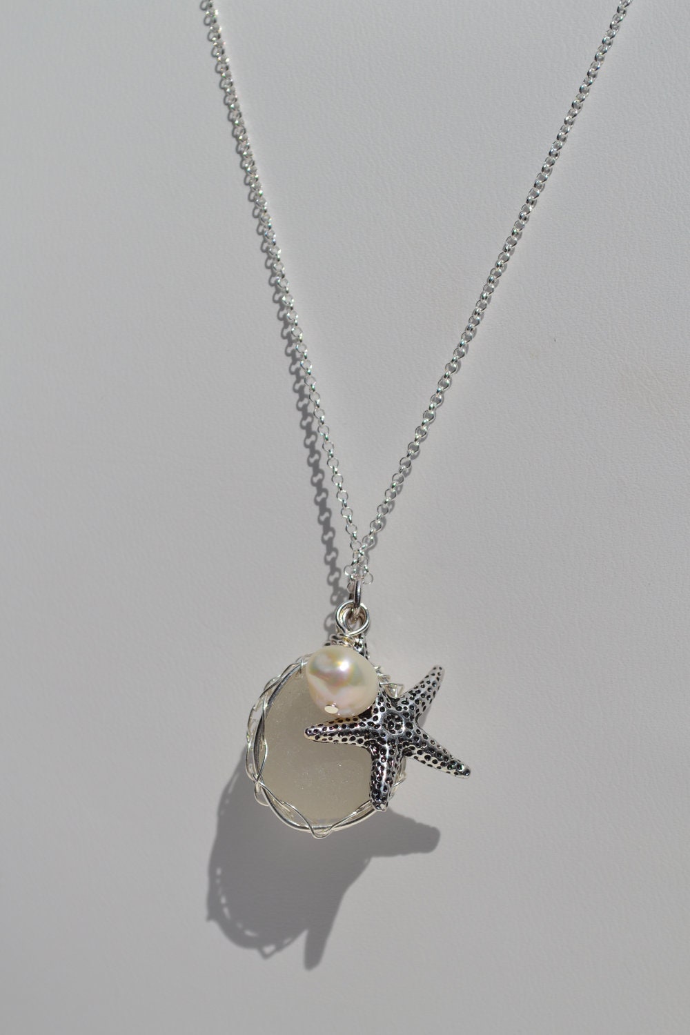 White Genuine Sea Glass Hand Knitted Fine Silver Wire Pendant with Sterling silver Chain and Starfish