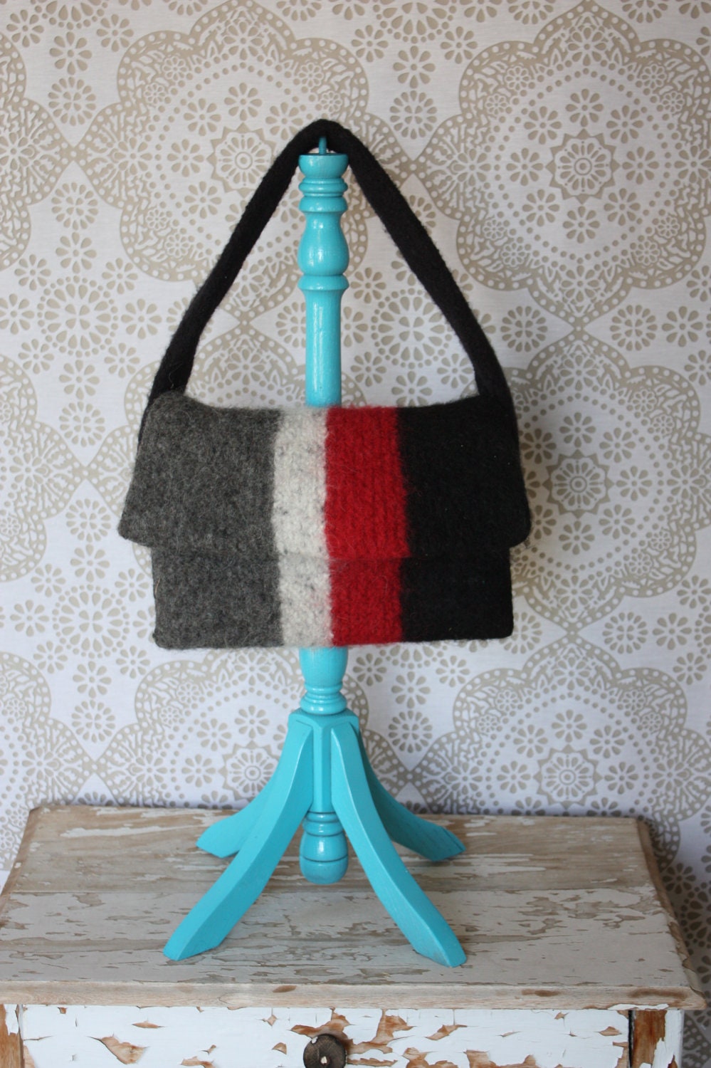 Vintage Black Red and Gray Wool Purse