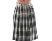 Vintage 1940's Preppy Wool Knit Dark Pleated Plaid A-line Skirt S