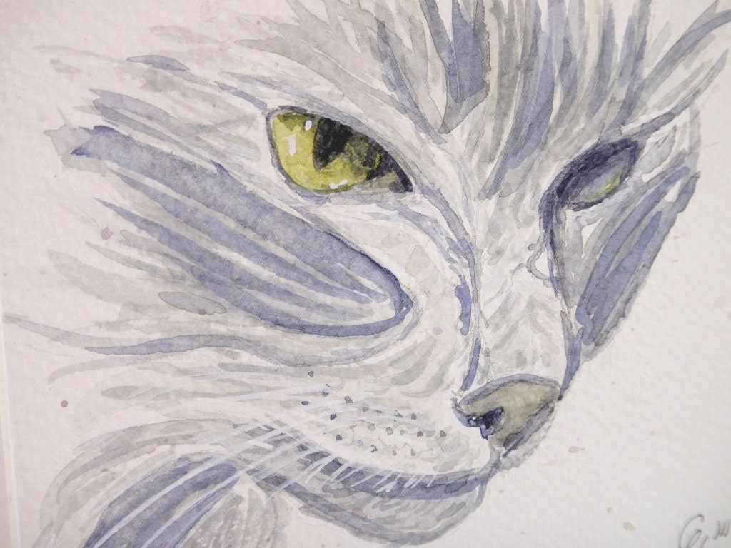 Original Cat Watercolour Painting, Cat Portrait, Grey and Yellow Cat Artwork - Little Grey