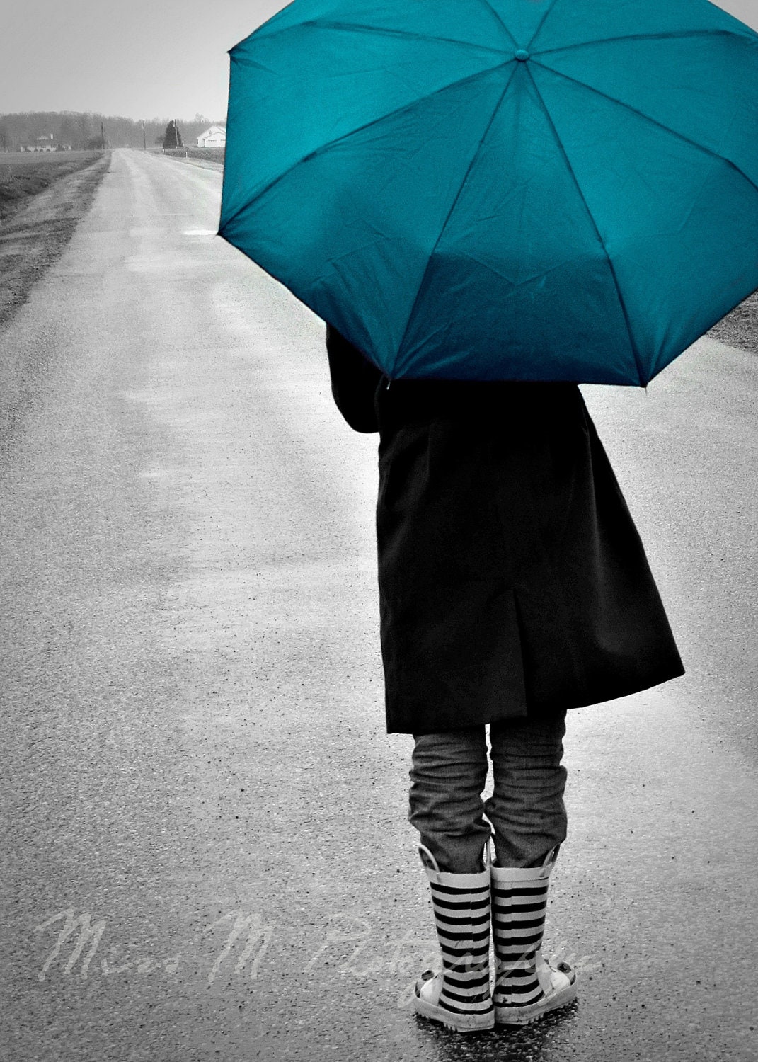 Teal, Turquoise Umbrella Walking in Rain Photograph - Home Decor - Long Walk Home - Original Fine Art Photograph - 5x7 Print - MissMPhotography