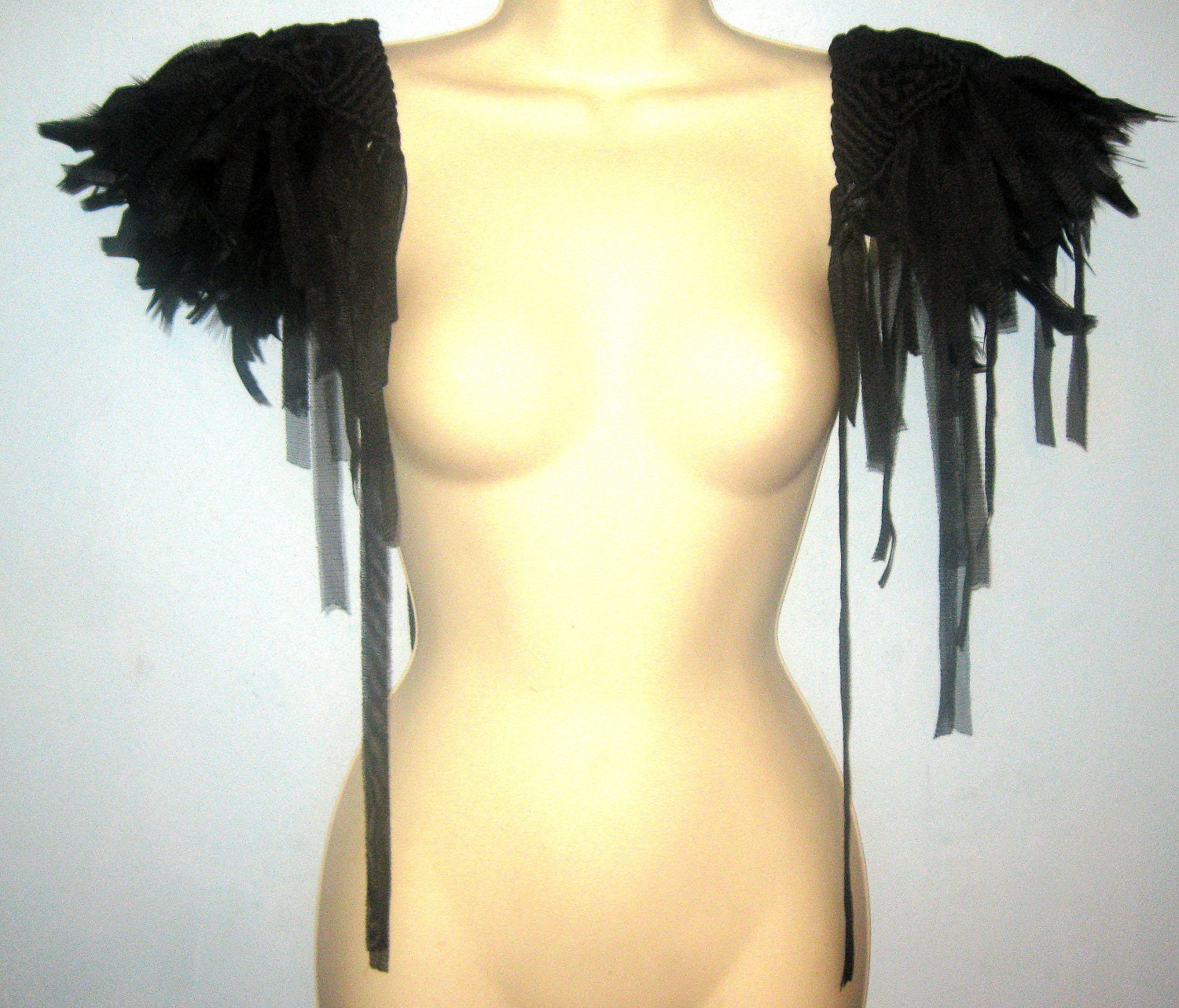 Black tulle black feather triple layered epaulettes fringed epaulets shoulder jewelry THREE IN ONE piece burning man
