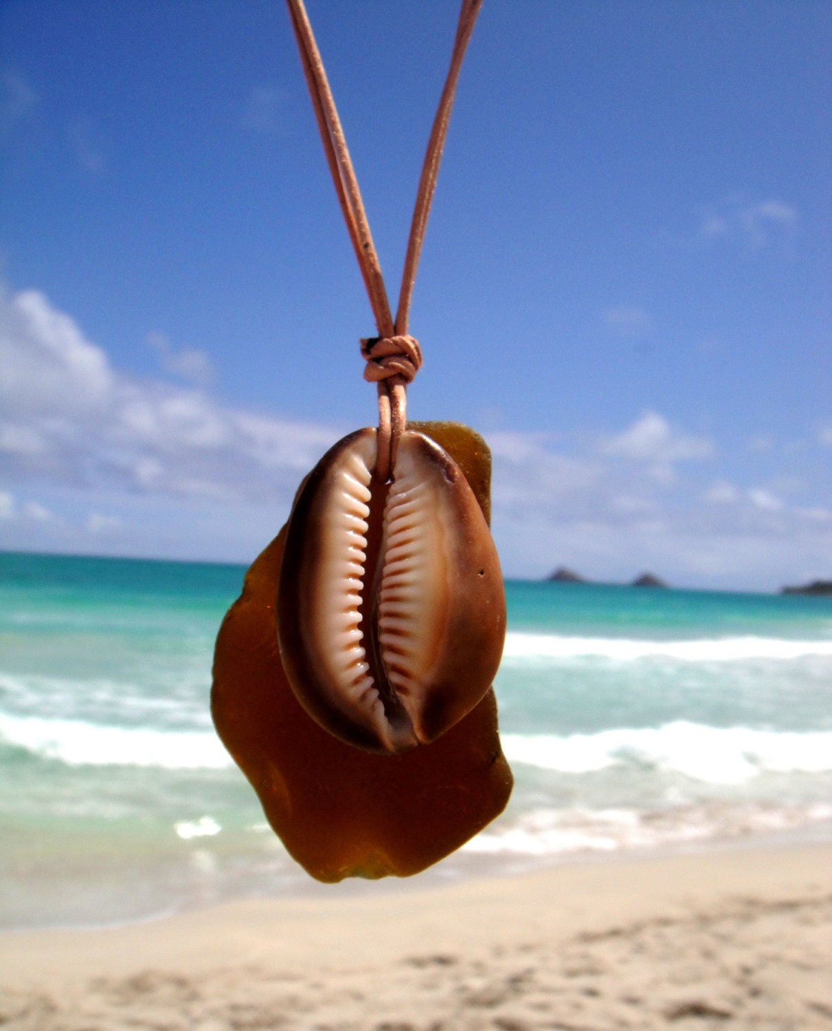 Hawaiian Amber Brown Beach Glass & Cowry (cowrie) Shell on Thin Durable Genuine Leather Cord Necklace