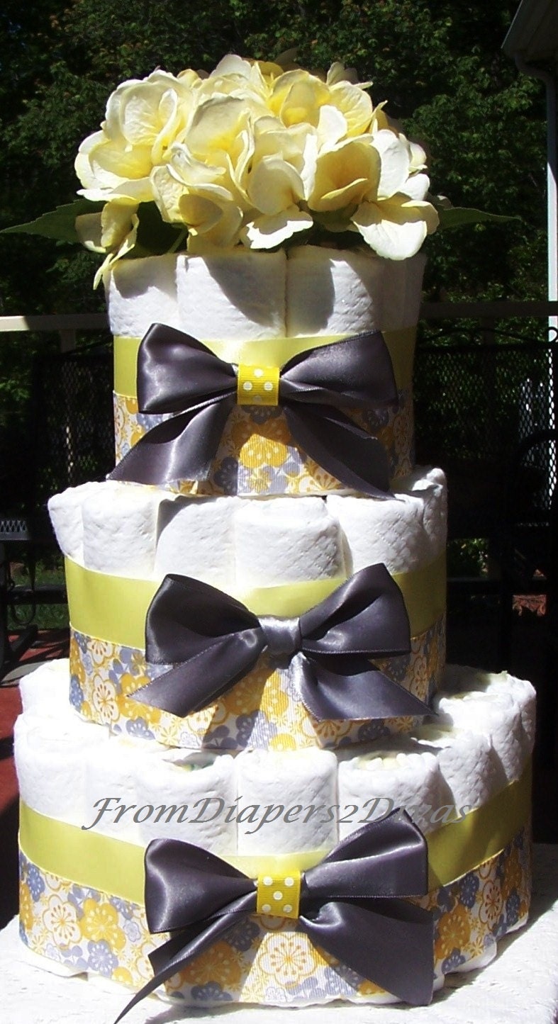 Yellow and Grey Diaper Cake  Neutral Gender Gender Reveal Showers Baby Gift Baby Shower Centerpiece