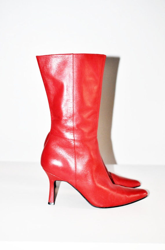 red thigh high wide calf boots