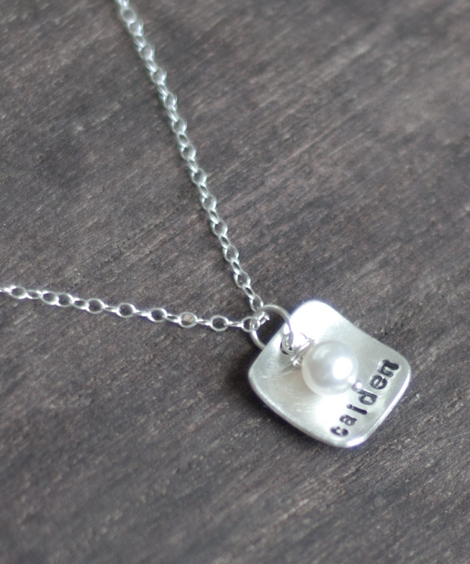 Personalized Hand Stamped Sterling Silver Square with Swarovski Pearl Charm