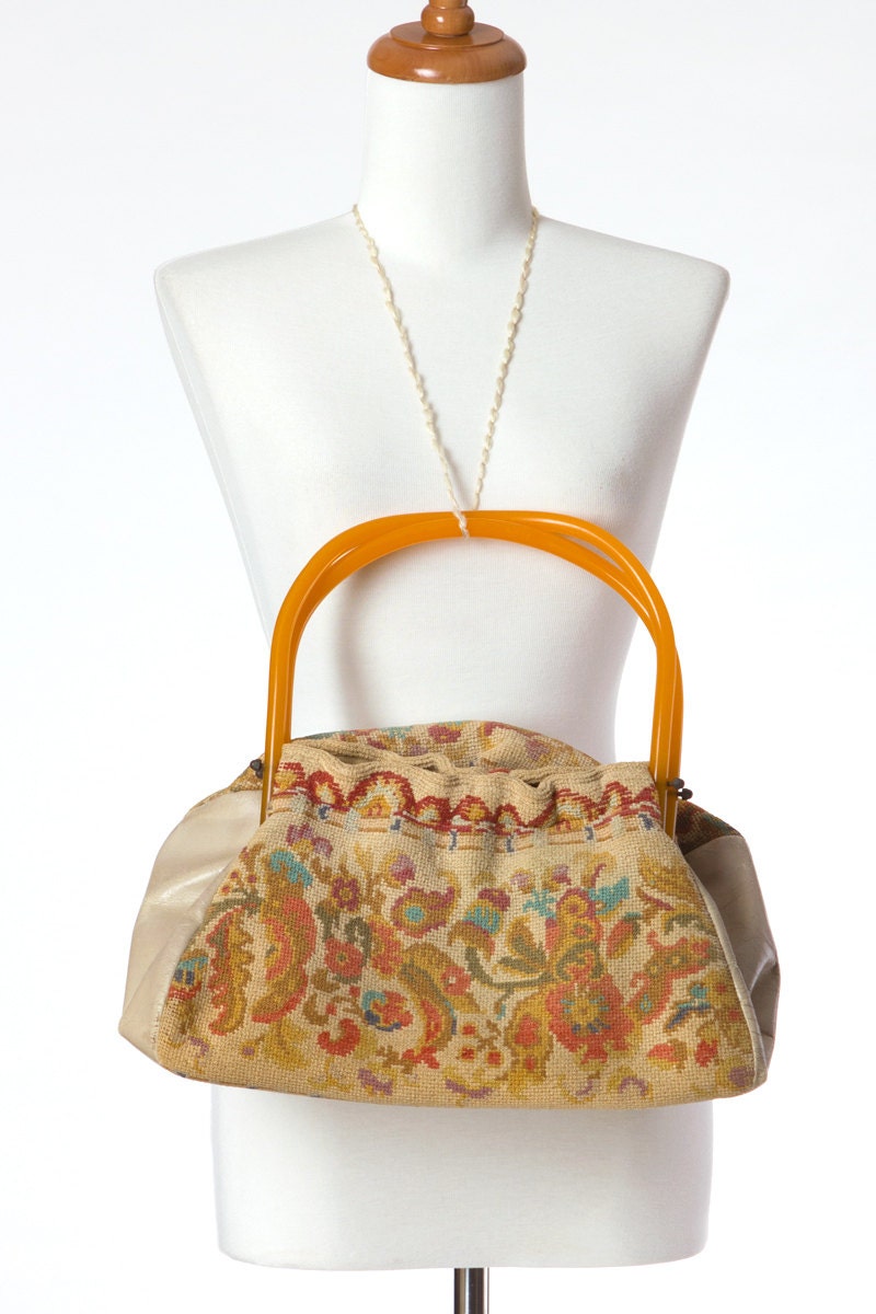 70s Vintage Bag Needlepoint Purse Floral Print Plastic Handles