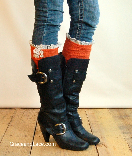 The Milly Lace -Tangerine Cable-knit Boot Socks w/ Ivory Lace Ruffle & buttons- lace boot socks lace knee high socks (item no. 5-20)