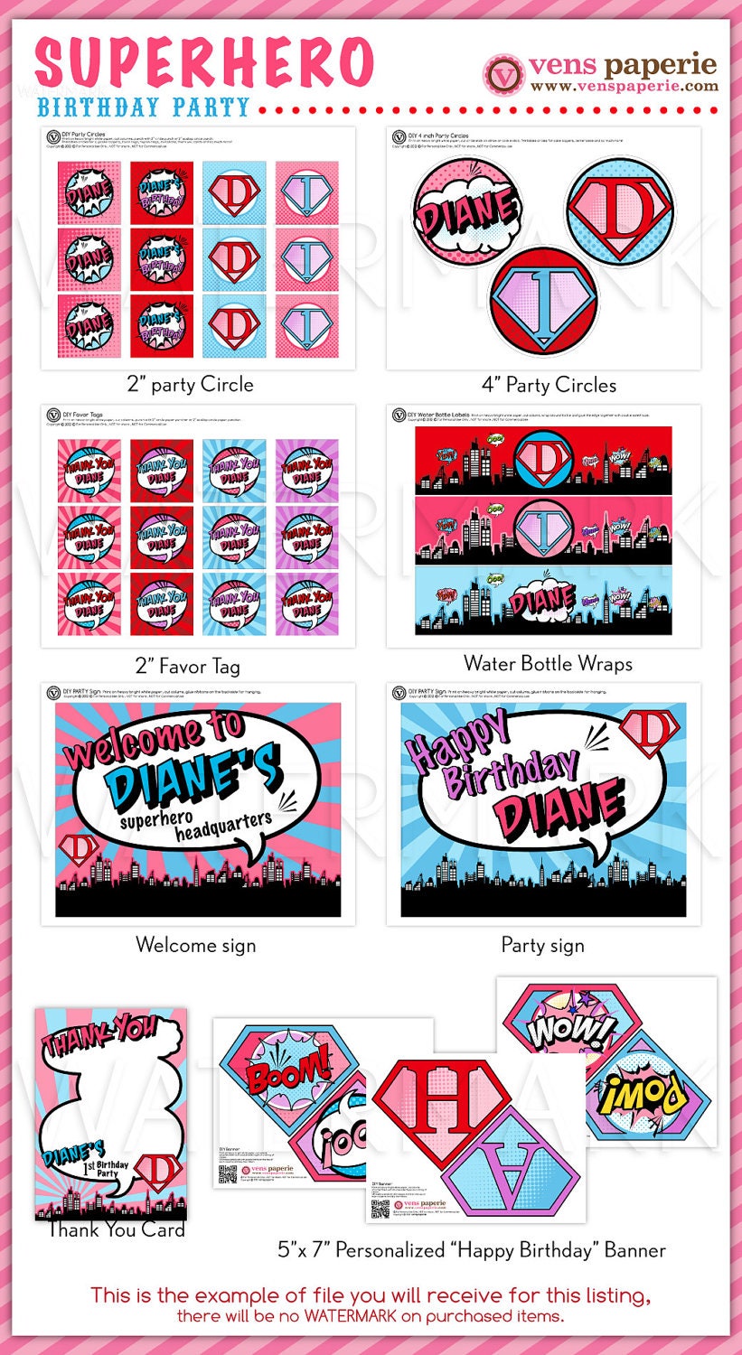 Superhero Birthday Party Package Personalized FULL Collection Set - PRINTABLE DIY - PS825CA2x Il_570xn