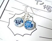 Blue Earrings, Japanese Blossom, Yuzen, Chiyogami, washi, ready to ship, Origami paper, Silver Plated, Gift under 15