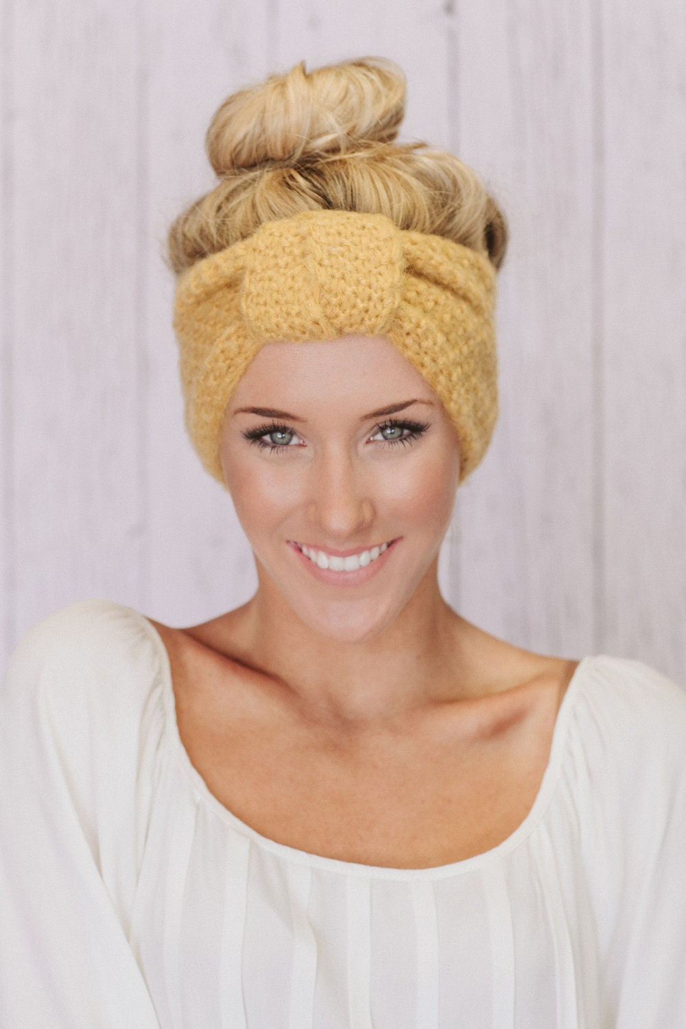 Mustard Knitted Knotted Mohair Ear Warmer Headband - Knot Just Any Ear Warmer in Mustard