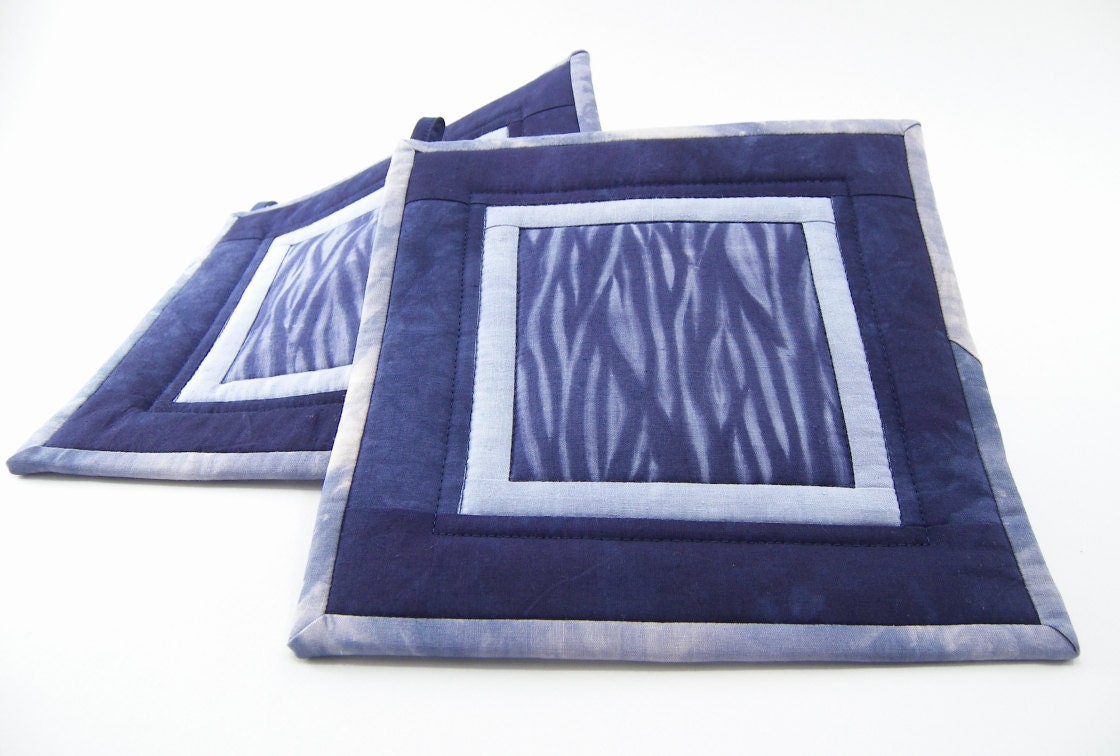 Blue Pot Holders, Quilted Hot Pads - Modern Squares in Hand Dyed Shibori Style Navy Cotton