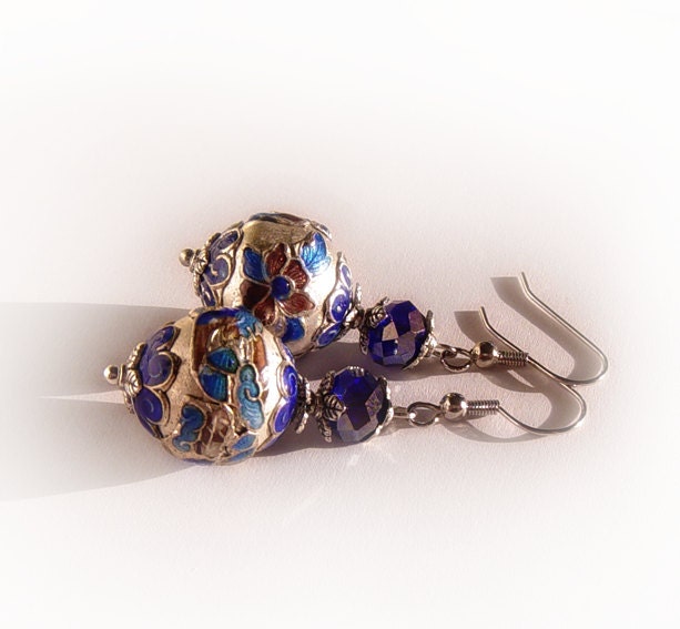 Blue silver cloisonne earrings, dangle earrings, cloisonne jewelry