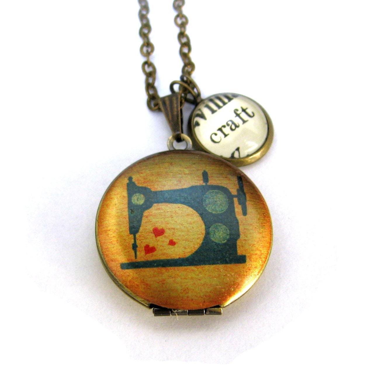 Retro Sewing Machine Painted Locket Crafts Love Crafting Word Pendant Brass Setting Library Card Necklace One of a Kind