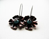 Rustic Flower Copper Earrings Hemimorphite Gemstone Stone Dangles Sterling Silver Drop  Mixed Metal Industrial  Metalsmith Metalwork Jewelry