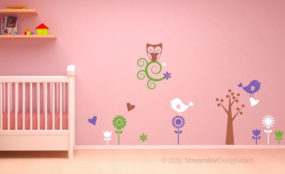 Birds, Flowers and Owl 17 Piece Vinyl Wall Art