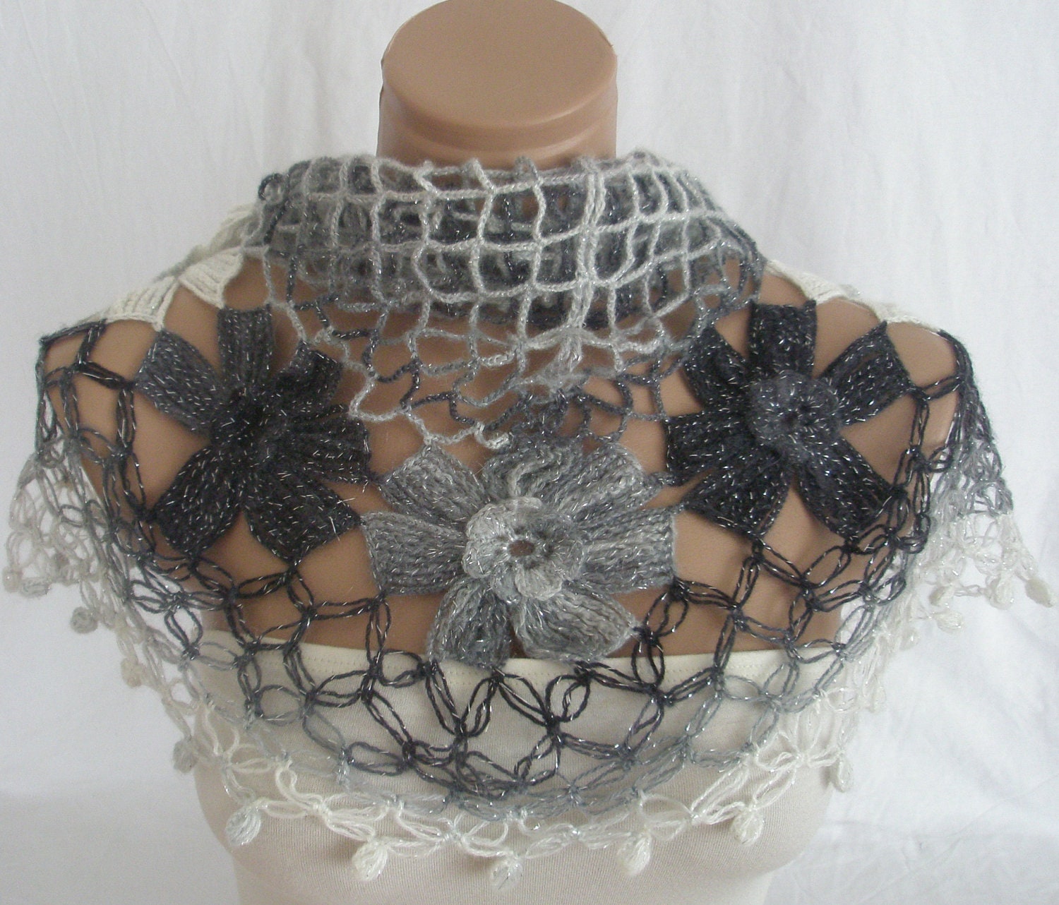 Crocheted gray, white, silver triangle Shawl, Scarf, Christmas,Gift by Arzu's Style