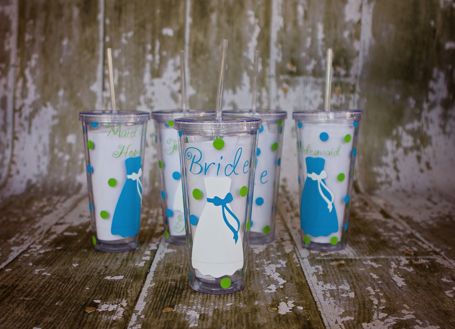 SET OF SIX: Personalized Bridal Party acrylic tumblers with lid and straw