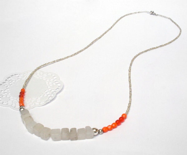 OOAK  Beaded Necklace - White gemstone chips, silver tone spacers, orange Czech glass beads and silver tone seed beads