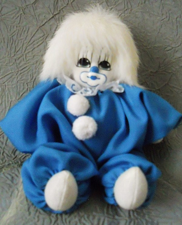 Vintage Kitschy 80's Q-Tee Clown Collector's Doll With White Rabbit Fur Hair - So Cute