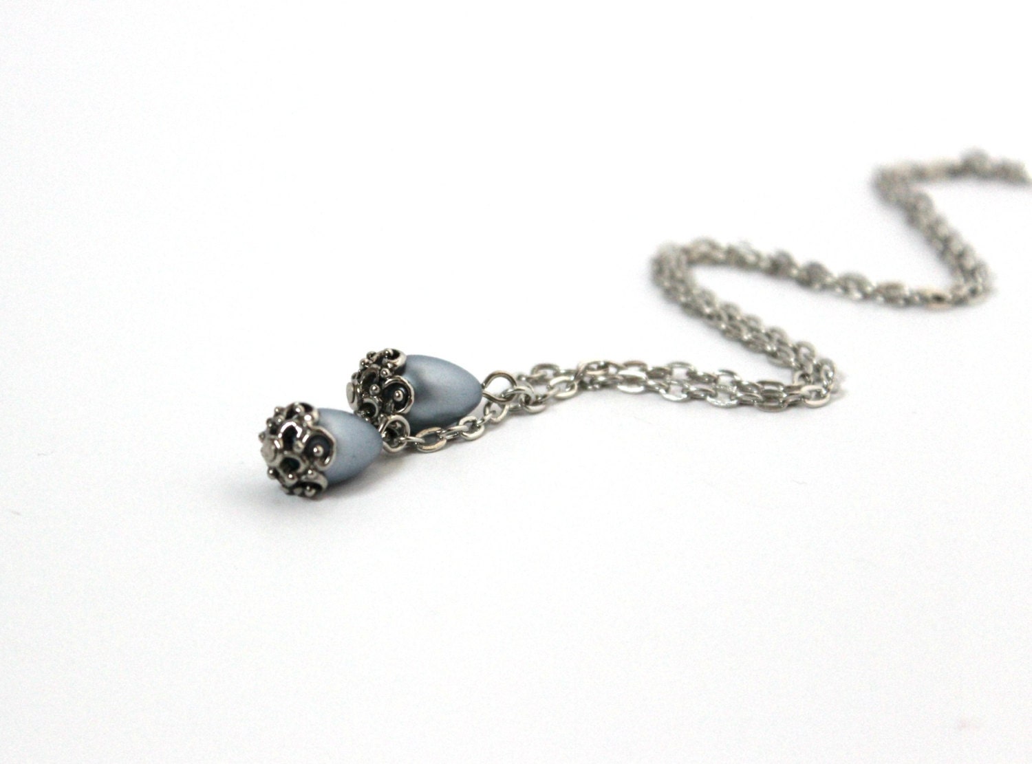 Soft Blue and Silver Teardrop Beaded Faux Pearl Chain Pendant - Simple Necklace - Handmade Jewelry - Ready to Ship