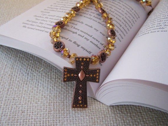Studded Bronze Cross Necklace and Earring Set - Handmade Necklace - Handmade Earrings - OOAK - Ready to Ship