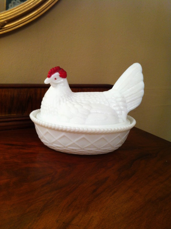 Vintage White Milk Glass Hen On Nest Westmoreland Red By Comforte