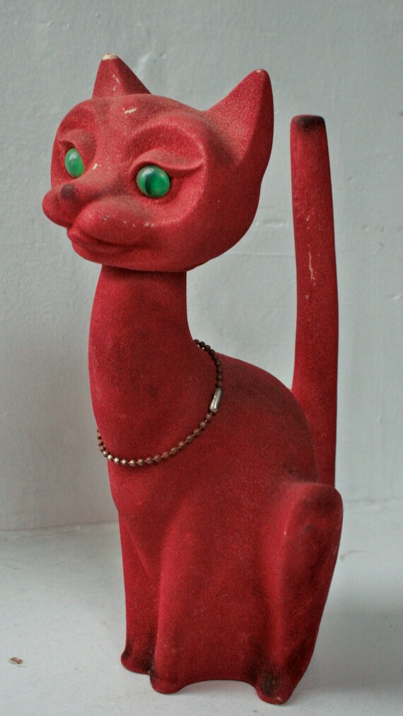 Red Flocked Paper Mache Cat Bobble Head by BlackKatKollectibles