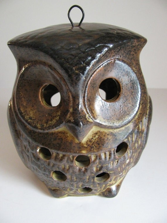 Vintage Owl Hanging Candle Holder Brown Ceramic by OldenDayJoy
