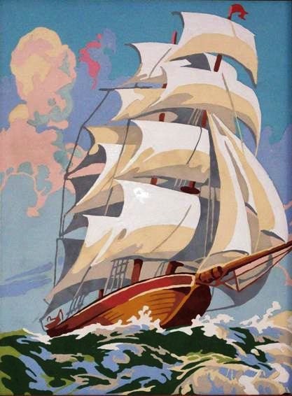 Paint By Number,  PBN, Vintage, 1970s, Sea View, Ocean, Schooner, Ship, Pirate Ship, Blue, Green, Aquamarine, Sails