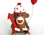Sock Monkey Birthday Cake Topper w Balloon & Number / 3.5 inch