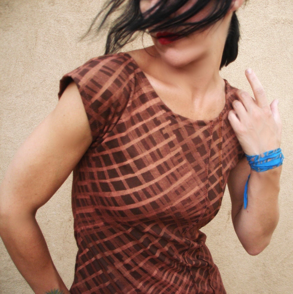 Her Tea Leaves - iheartfink Handmade Hand Printed Copper Plaid Womens TShirt Top
