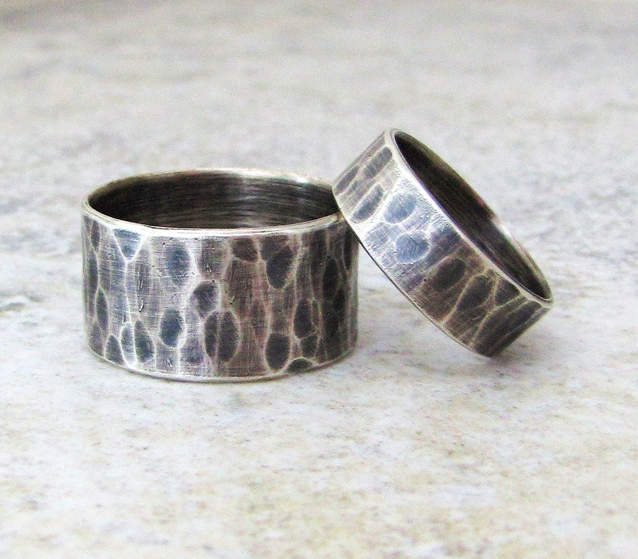 Wedding Bands Silver Hammered Wedding Ring Set Silver Rustic Hammered Rings Distressed-Sea Fog