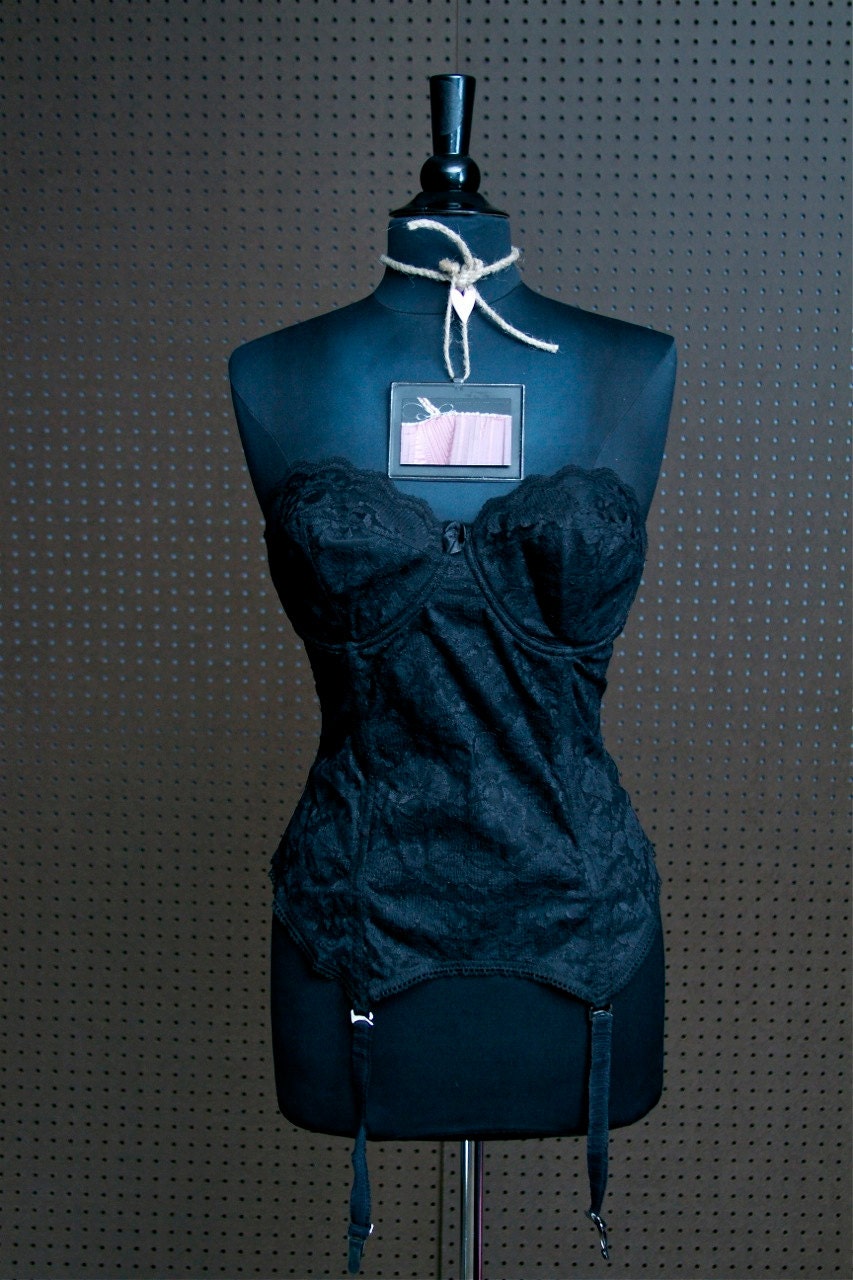 Vintage Black Lace Corset "Rebel" Bustier Top Set Upcycled D 36