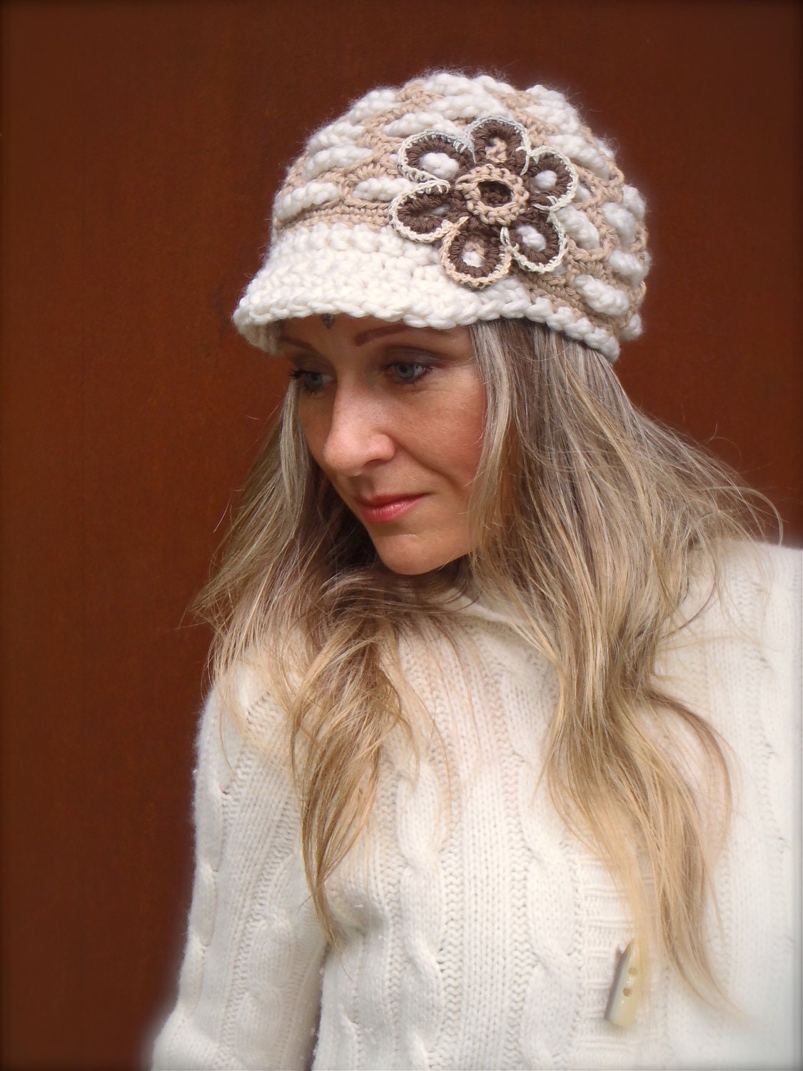 NARNIA Slouchy Beanie crochet slouch hat FLOWER cap NEWSBOY hat Beige White hat Flower child Hippie hat
