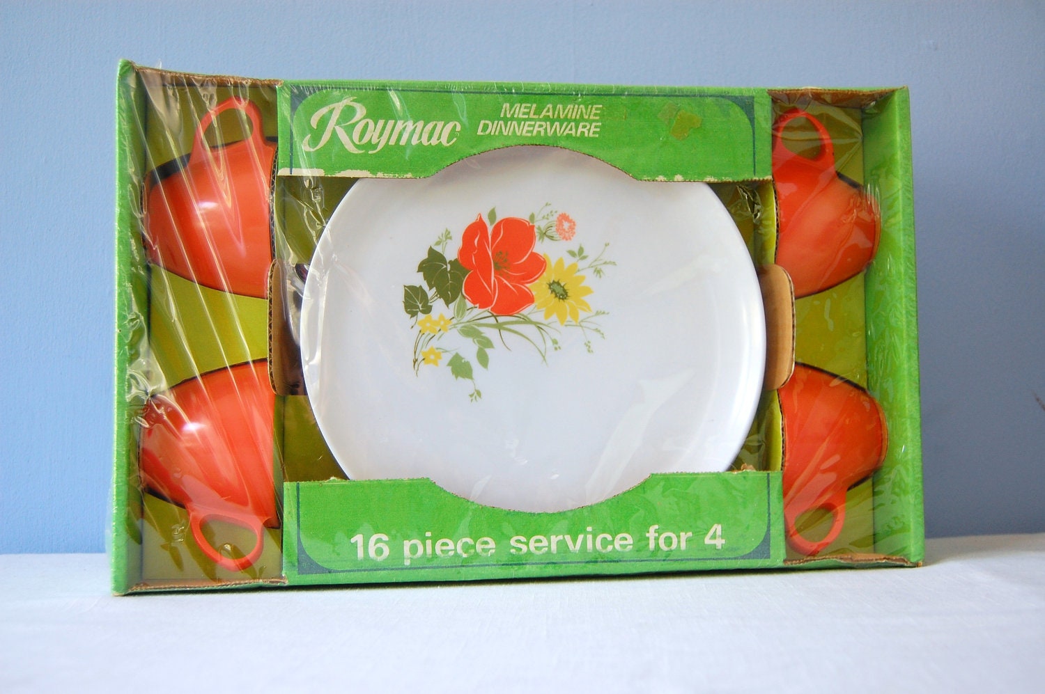 Vintage Melamine Dinnerware Set Melmac Dishes Orange Plates 60s Royalon Roymac New Box 16 Piece