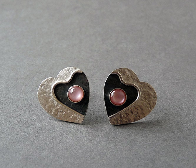Sterling Silver Heart Studs with Pink Mother of Pearl H7