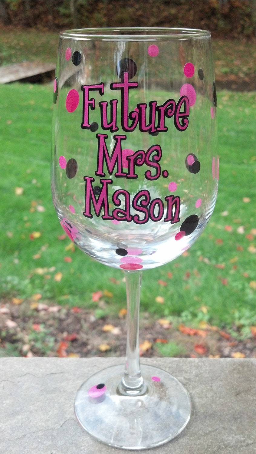 Bachelorette wine glass, Polka dot personalized Future Mrs. wedding wine glass, hot pink and black