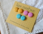 fabric button stud earrings, bright colors, set of 3
