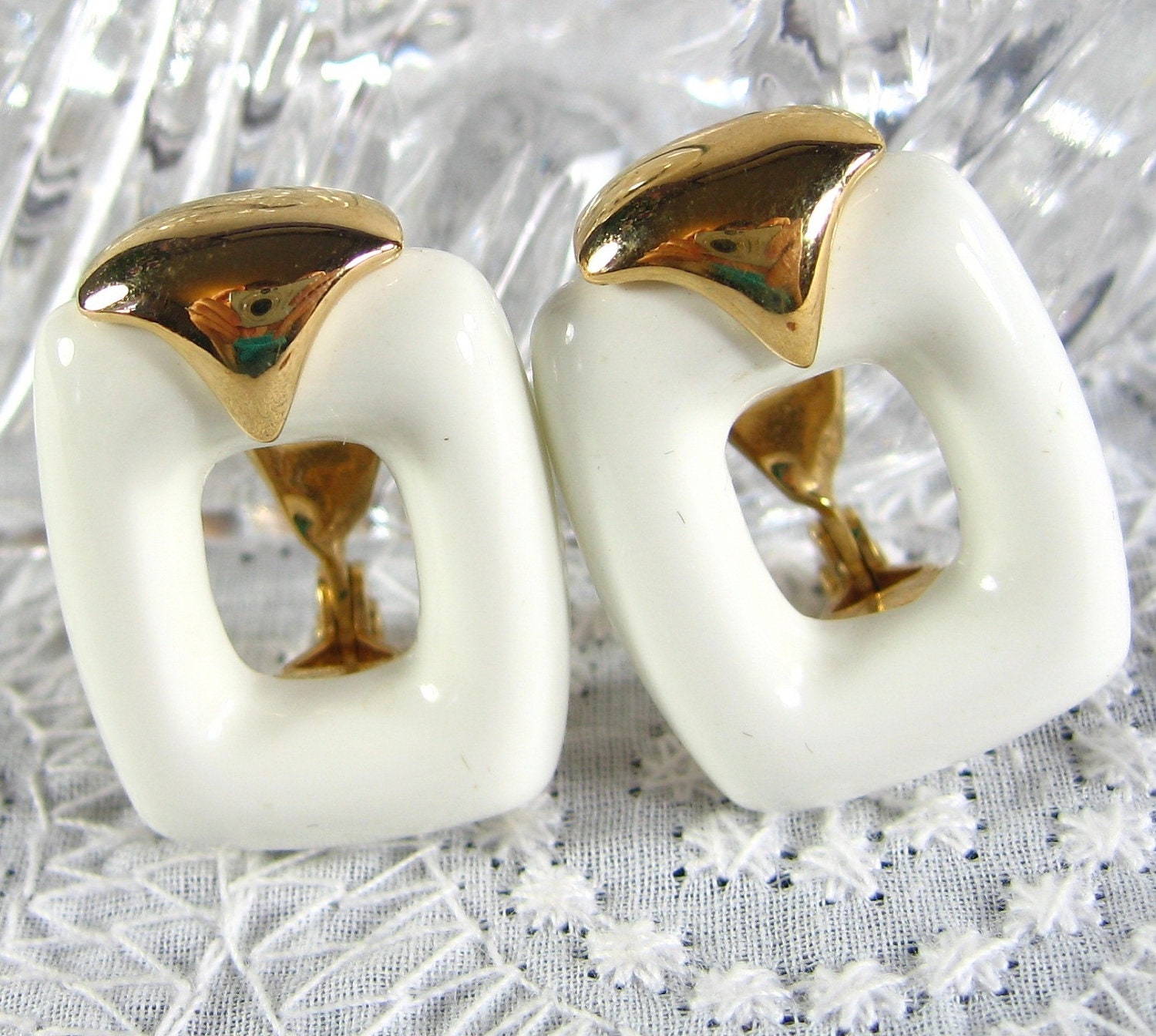 Vintage Lucite Earrings, MOD White Geometric Squares, Clip-ons, Designer MONET, 1950s 1960s Mad Men Jewelry