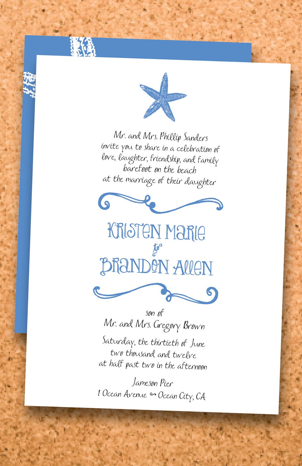 starfish beach wedding invitation AND back--digital file 5x7