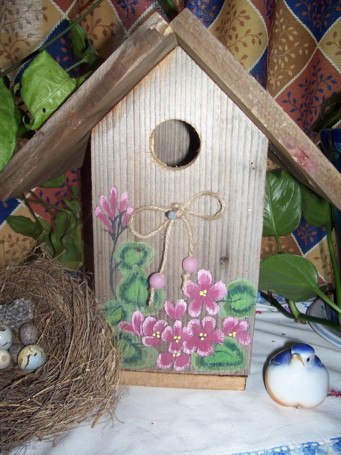 Primitive, Birdhouse, Hand Painted,  Geranium,  Rustic Wood, Contact shop owner for shipping cost before you purchase birdhouse