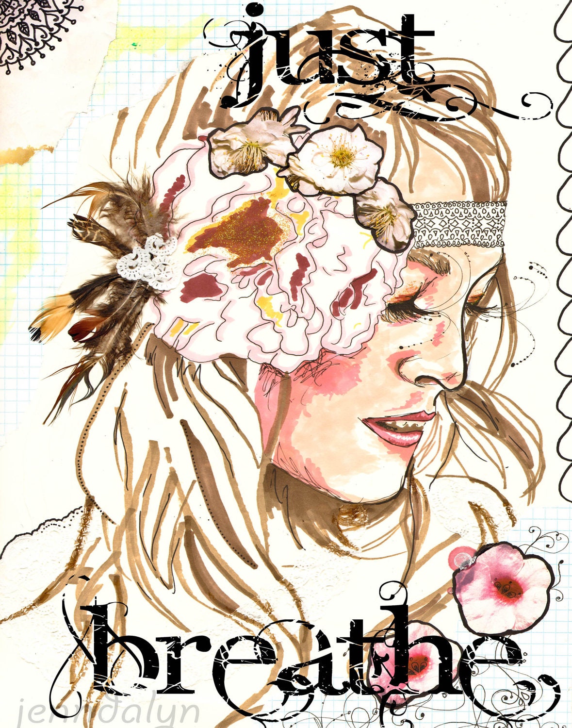 Bohemian art fashion illustration bohemian headdress- 11 x 14 PRINT hippie poster pink flower typography print inspirational art