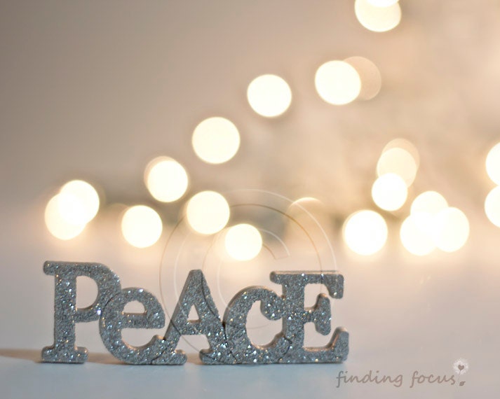 Peace Photo, Silver Gold Christmas Champagne Holiday Lights, Golden Natural Pale Decor Bokeh Glitter Light Word Art Calm Neutral Photograph - findingfocus