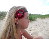 Felt elastic headband in brown and pink with flowers, crochet and embroidery Spring hair accessory