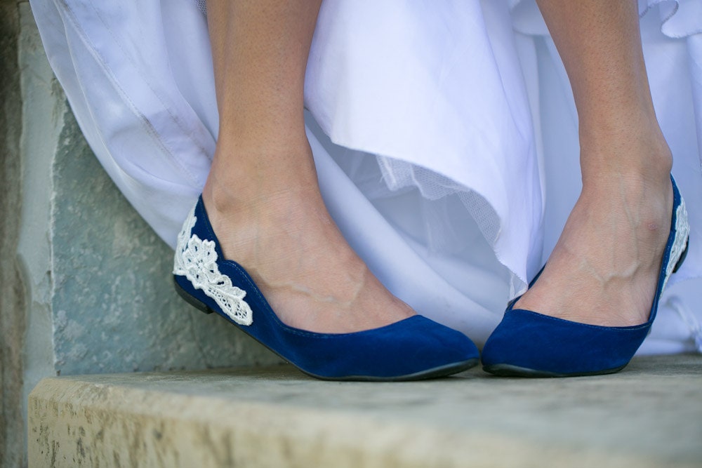 Wedding Shoes - Blue Bridal Ballet Flats/Wedding Shoes with Ivory Lace. US Size 6.5