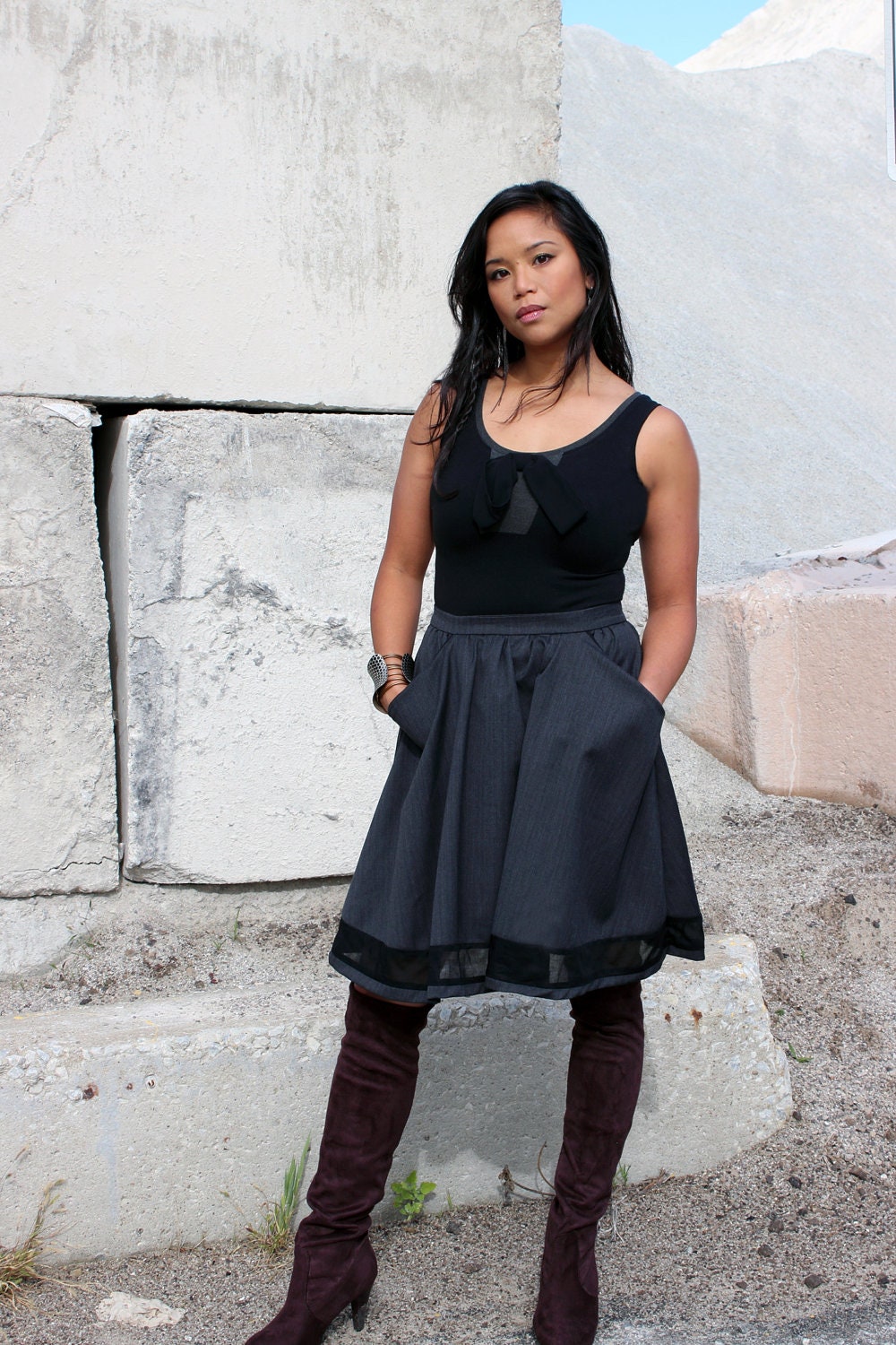 Full skirt - Awani Charcoal Grey high waist skirt / Xsmall, small, medium, large, xlarge, custom sizing /  Holiday fashion