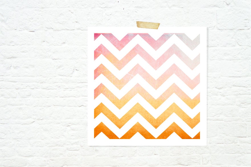 Geometric ombre chevrons print home decor nursery art autumn colours pink and orange - sunset chevrons